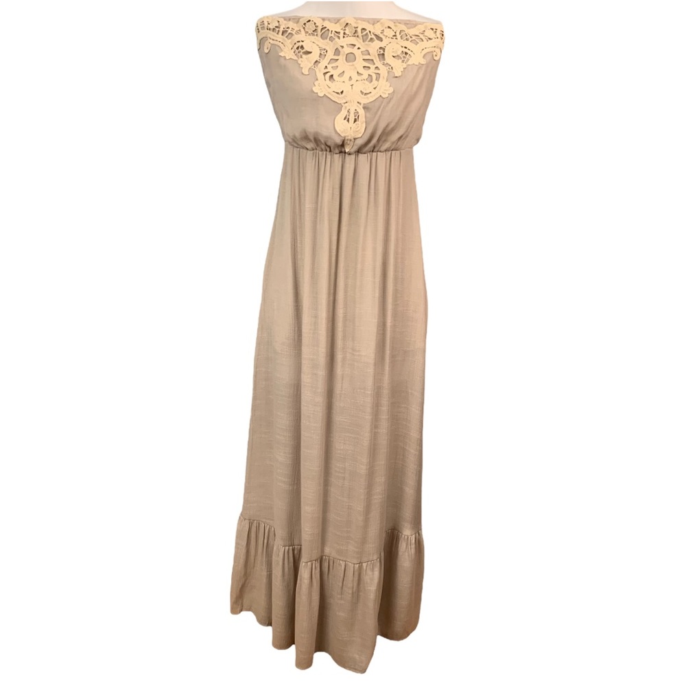 LC Lauren Conrad Maxi Dress Strapless Gauze Embroidery Women’s Size S Taupe Gray - Picture 15 of 16